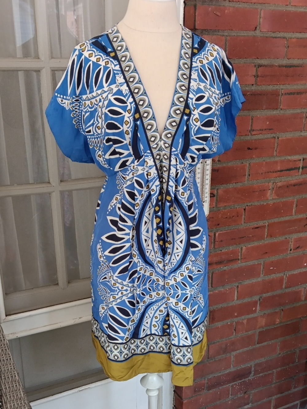 Banana Republic 100% Silk Kimono Printed Tunic Blue Mini V-neck Dress